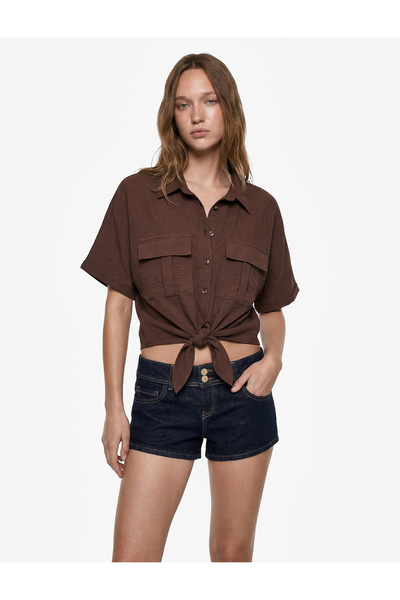 Koton Tie-Up Detail Comfortable Fit Cargo Pocket Short Sleeve Shirt Collar Cr...