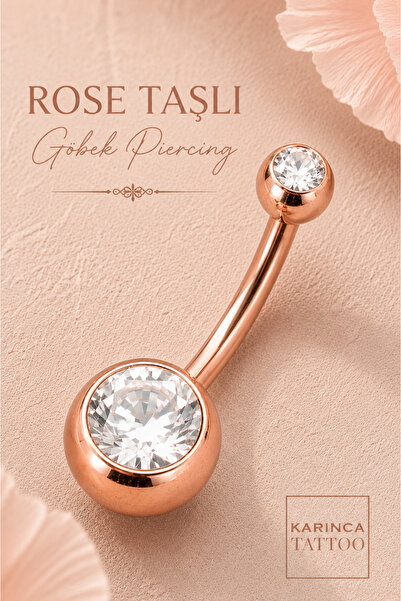 Karınca Piercing Rose Renk Taşlı Göbek Piercing (KARINCA TATTOO) Cerrahi Çeli...