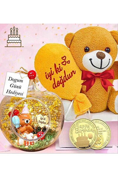 rk tasarım Doğum Günü Hediyesi Işıklı Teraryum & İyi Ki Doğdun Balonlu Ayıcık