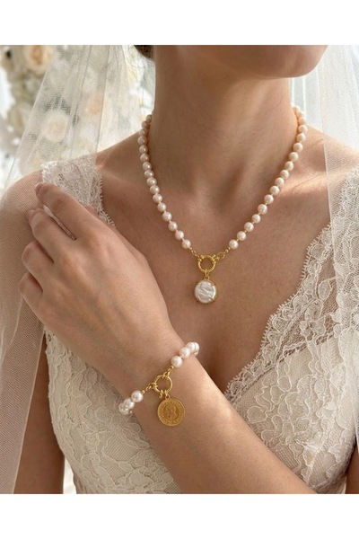 eyla collection Gerçek İnci Kolye & Bileklik Seti - Altın Takılabilir - 60 cm