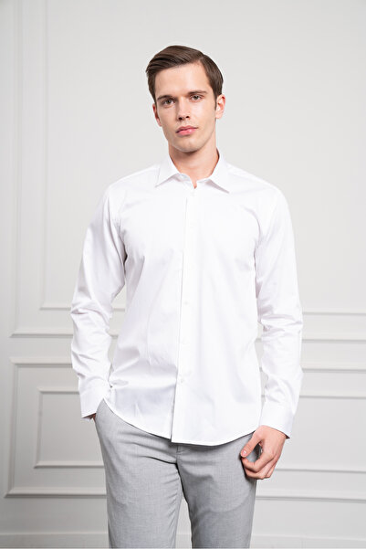 Morven Erkek Beyaz Pamuk Trend Slim Fit Dar Kesim İtalyan Yaka Gömlek