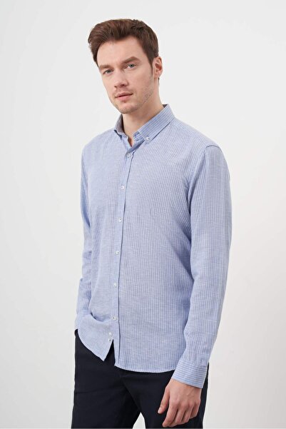 Morven Men's Blue Linen Striped Buttoned Collar Regular Fit Shirt