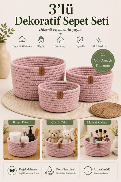 Fabrix Home 3-Piece Round Decorative Cotton Basket Set Pink Color Multi-Purpo...