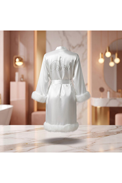 Lady Lingerie روب عروس فاخر أبيض من الساتان الحريري مع تفاصيل ريش أنيقة - أنيق وناعم - صنع في تركيا
