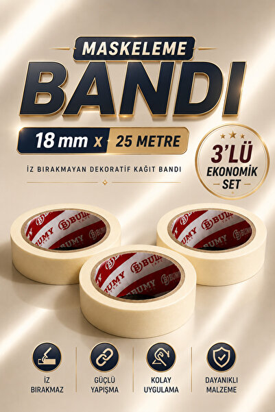 METFİX (3 ADET) Maskeleme Bandı 18 mm x 25 Metre | İz Bırakmayan Dekoratif Ka...