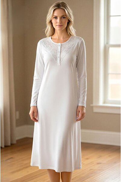 FLZ Women's Long Sleeve Nightgown with Lace Detail – Soft Viscose Fabric, Sty...