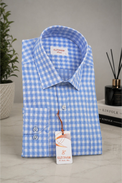 elitpark Blue Plaid Cotton Men's Shirt