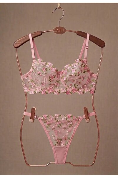 Rose Romantique Pembe Gül ve Yaprak Nakışlı Transparan Balenli İç Çamaşır Takımı Premium İç Giyim Seti