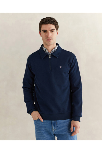 Gant Erkek Mavi Regular Fit Yarım Fermuarlı Logolu Sweatshirt