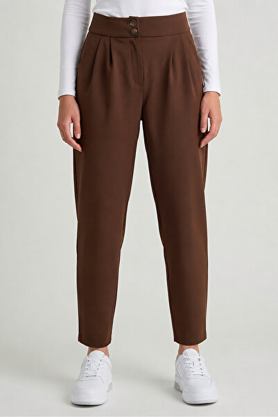 MODASPARK Pantaloni de damă maro cu talie înaltă, cu buzunare duble cu nastur...