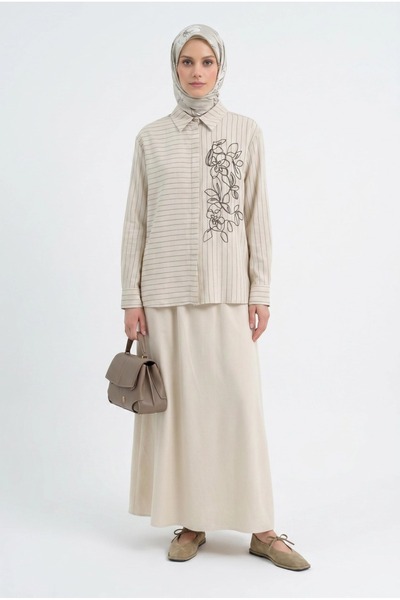 Armine TREND Shirt Collar Striped Embroidered Shirt Elastic Waist Skirt