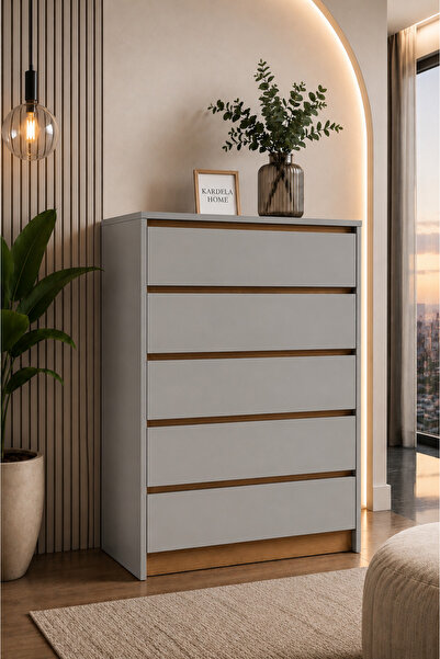 Kardelahome Kardela %100 MDF Premium 5 Çekmeceli Şifonyer Gri