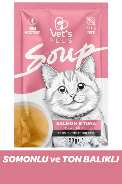 Vet's Plus Somonlu ve Ton Balıklı Kedi Çorbası 50gr (Tahılsız Sıvı Kedi Ödülü)