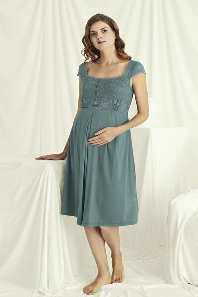MONAMİSE Monamise 18536 Women's Green Maternity Nightgown with Nursing Featur...