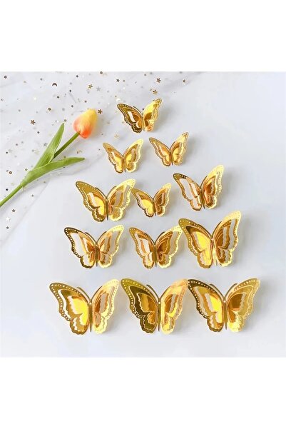 SAVORYHOME 12 Li 3 Boyutlu Kelebek Süs Dekorasyon Ve Balon Süsleme Çift Taraflı Gold
