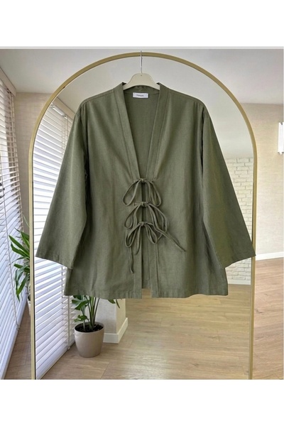 Bahar Altundemir Kadın Önü Bağlamalı Kimono Poplin Tunik Gömlek Tesettür Haki...
