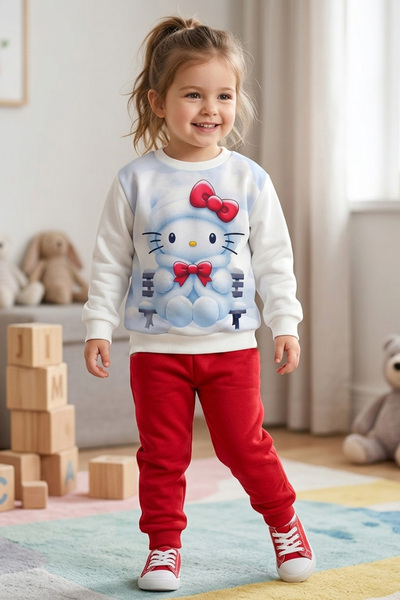 TOFİSA Girl's Burgundy Printed Two-Thread Children's Pajama Set - 28347-Bordo