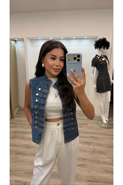 HARMONY GLOBAL Kadın Hakim Yaka Düğme Detaylı Mavi Denim Yelek – Kolsuz Jean ...