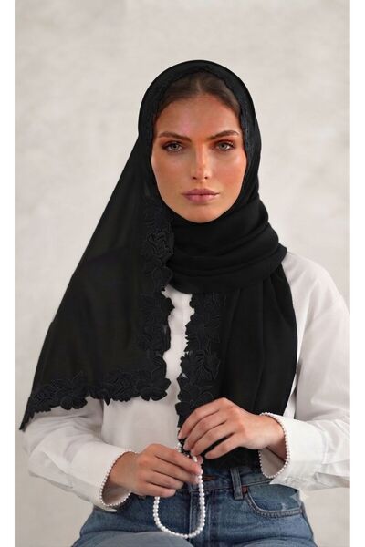 Veil Designer طرحه بوال اسود بتطريز الورد علي ثلاث اطراف من الطرحه تطريز يدوي...