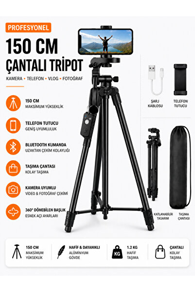 Moxti Profesyonel Kamera 150 cm Çantalı Tripot Telefon Tutucu Bluetooth Kuman...
