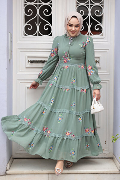 Neva Style Green Hijab Dress with Floral Print 32815Cy