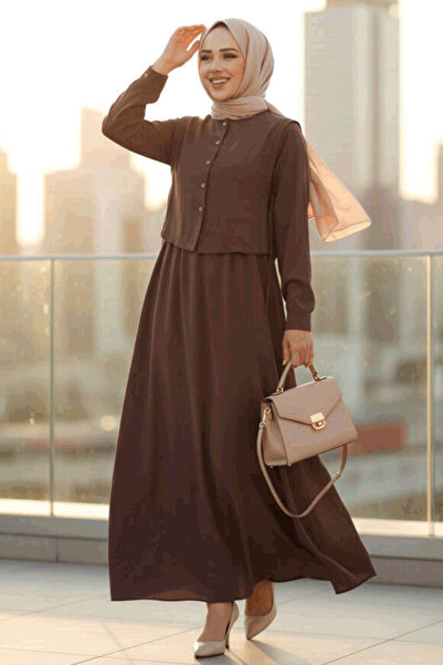 N.S NEVA STYLE فستان حجاب بني بتفاصيل سترة 7705KH
