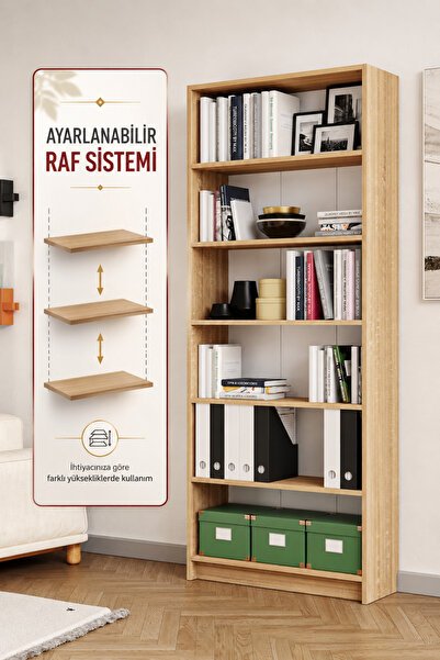 Hofga Bili Kitaplık 5 Raflı Geniş Çok Amaçlı Ofis Salon Kitap Dosya Rafı Meşe