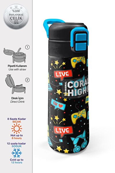 Coral High Kids Siyah Mavi Gamer Desenli Pipetli ve Direkt İçim Çelik Termos ...