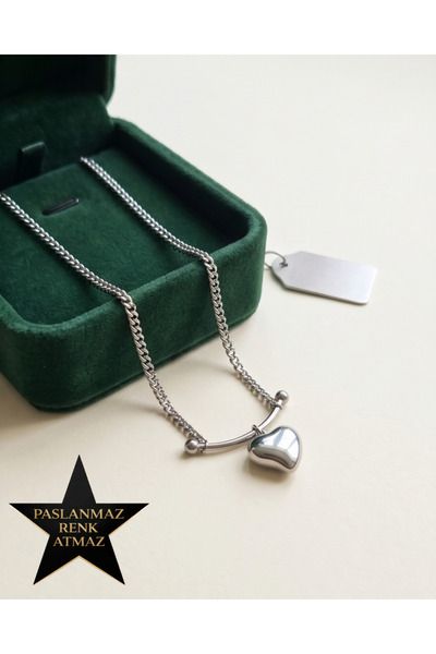 stainless steell 316L Steel Silver Bar Hanging Heart Women's Necklace 43+7 cm...