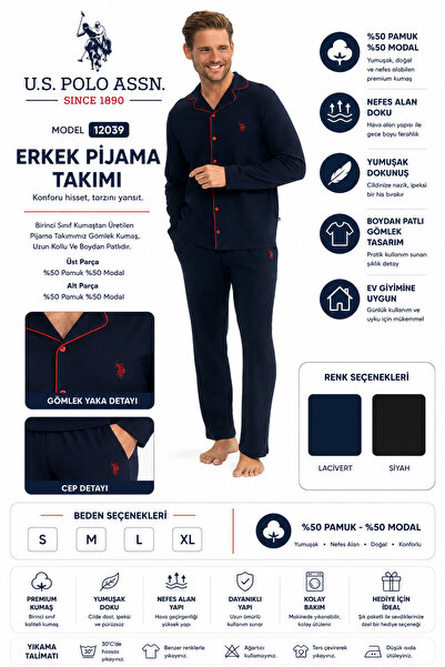 U.S. Polo Assn. U.S. Polo Assn. Męski granatowy zestaw piżamowy z długim ręka...