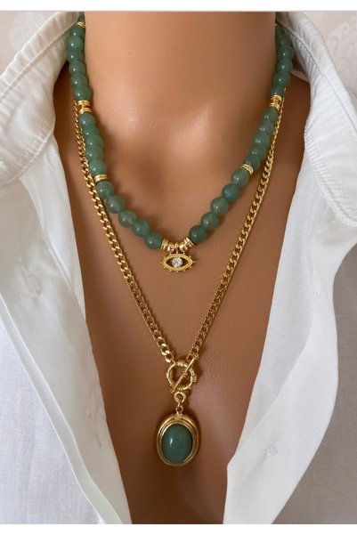 TARZ-I TAKI Two Pendants Natural Green Aventurine Stone Steel Chain Gold Framed Stone Pendant Women Mother Lover in Gift Box
