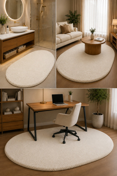 naya home Peluş Krem OVAL Tüylü Yumuşak Yıkanabilir Kaymaz Taban Halı Yolluk ...