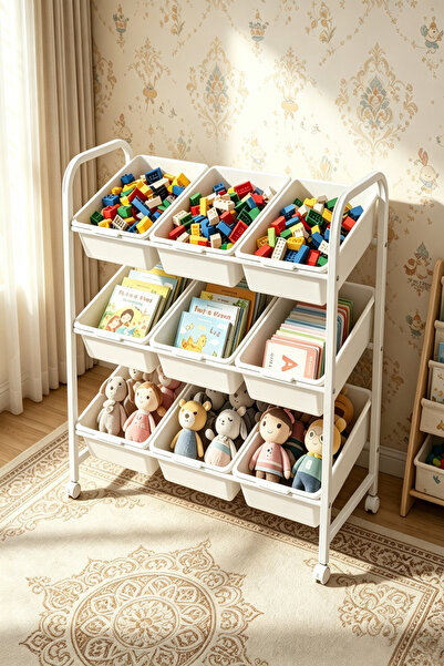 Shangxing Three-tier children's toy storage rack with 9 detachable storage bo...