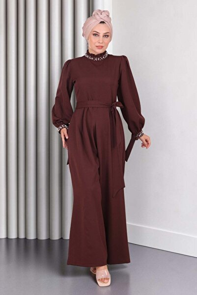 Missvalle Pearl Detailed Jumpsuit Dress Brown 19152