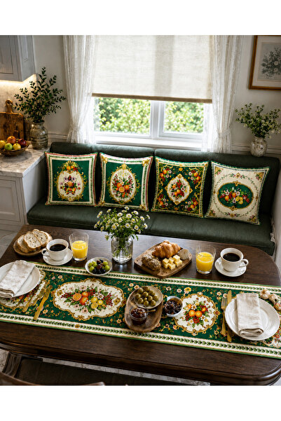 Bebişim Halı Green Background Citrus Patterned Luxury Runner and Set of 4 Thr...