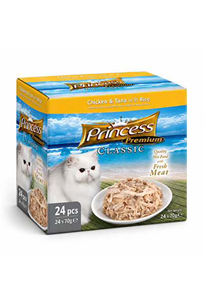 PRİNCESS أكياس دجاج وتونة كلاسيكية فاخرة مع أرز، 70 غرام، عبوة من 24 كيسًا