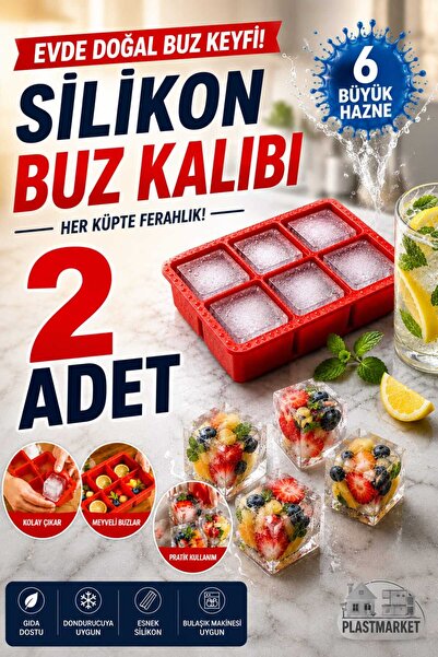 PLASTMARKET 6 Bölmeli Büyük Boy Silikon Buz Kalıbı - Büyük Boy Kare Buzluk - ...