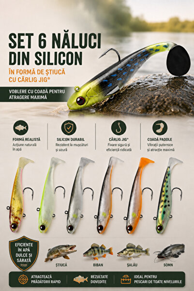 Fish & Paws Set 6 naluci din silicon cu carlig jig ®, in forma de stiuca, vob...