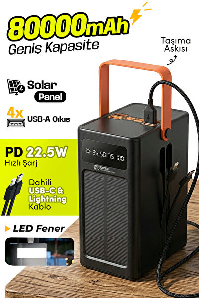 7GO GPW-10 80000mAh Güneş Enerjili Powerbank PD 22.5W Hızlı Şarj – Dahili Kab...