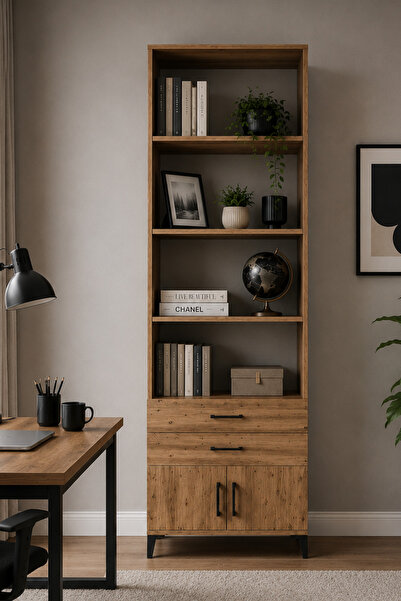 Dienni Arges Çok Amaçlı Dolap 4 Raflı Çekmeceli Kapaklı Kitaplık 88x30x243 Ça...