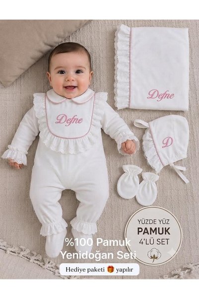 UrazTasarım Kız Bebek Yenidoğan Seti, Nakış İşlemeli Yenidoğan Takımı, Tulum-Battaniye-Eldiven-Şapka Set, Kız Bebek Yenidoğan Hediye, Kız Bebek