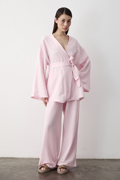 Laluvia Pembe Pamuklu Kimono Bol Paça Pantolon Takım
