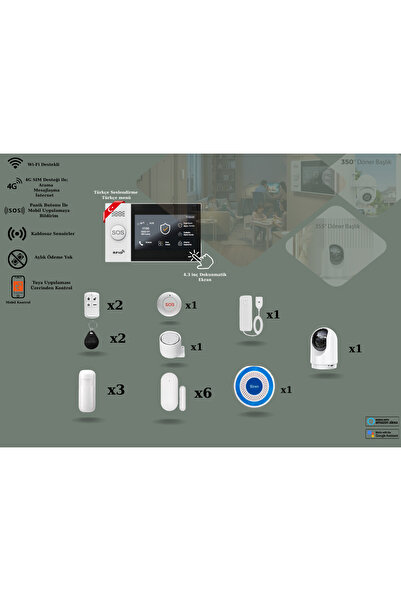 Akıllı Ev Güvenlik Alarm Sistemi + İç Mekân PTZ HD Kamera