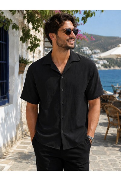 EMPEROR APPAREL Erkek Siyah Kısa Kollu Müslin Gömlek