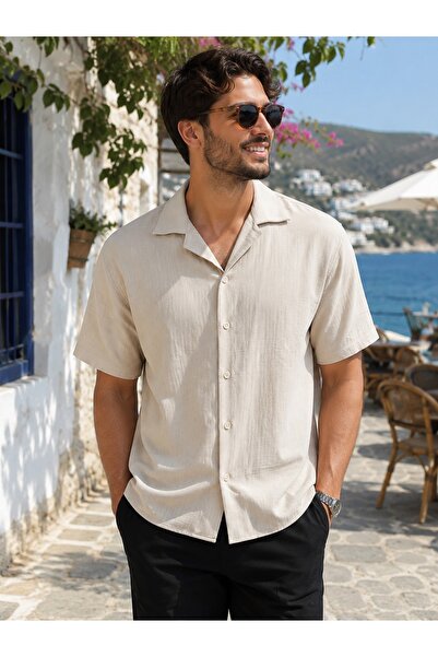 EMPEROR APPAREL Erkek Bej Kısa Kollu Müslin Gömlek