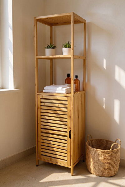 Begin Power Bambu Banyo Dolabı 5 Raflı Kapaklı Banyo Düzenleme Dolabı Havlu D...