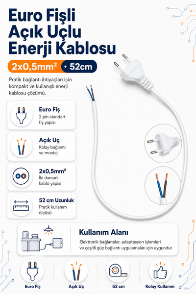 RobotikDepo Euro Fişli Açık Uçlu Enerji Kablosu 2x0,5mm² - 52cm