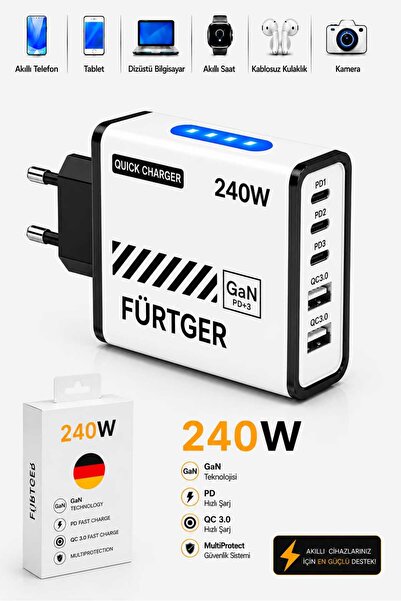 Fürtger 3 Type-C + 2 Usb-A Toplam 5 Çıkışlı + 20W Şarj Aleti