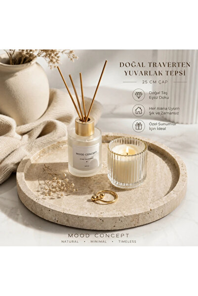 MoodConcept Traverten Dekoratif Tepsi ,Banyo ve Mutfak Organizeri (25 cm)