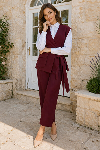 benguen Tie-Up Vest Trousers Suit Claret Red 2243